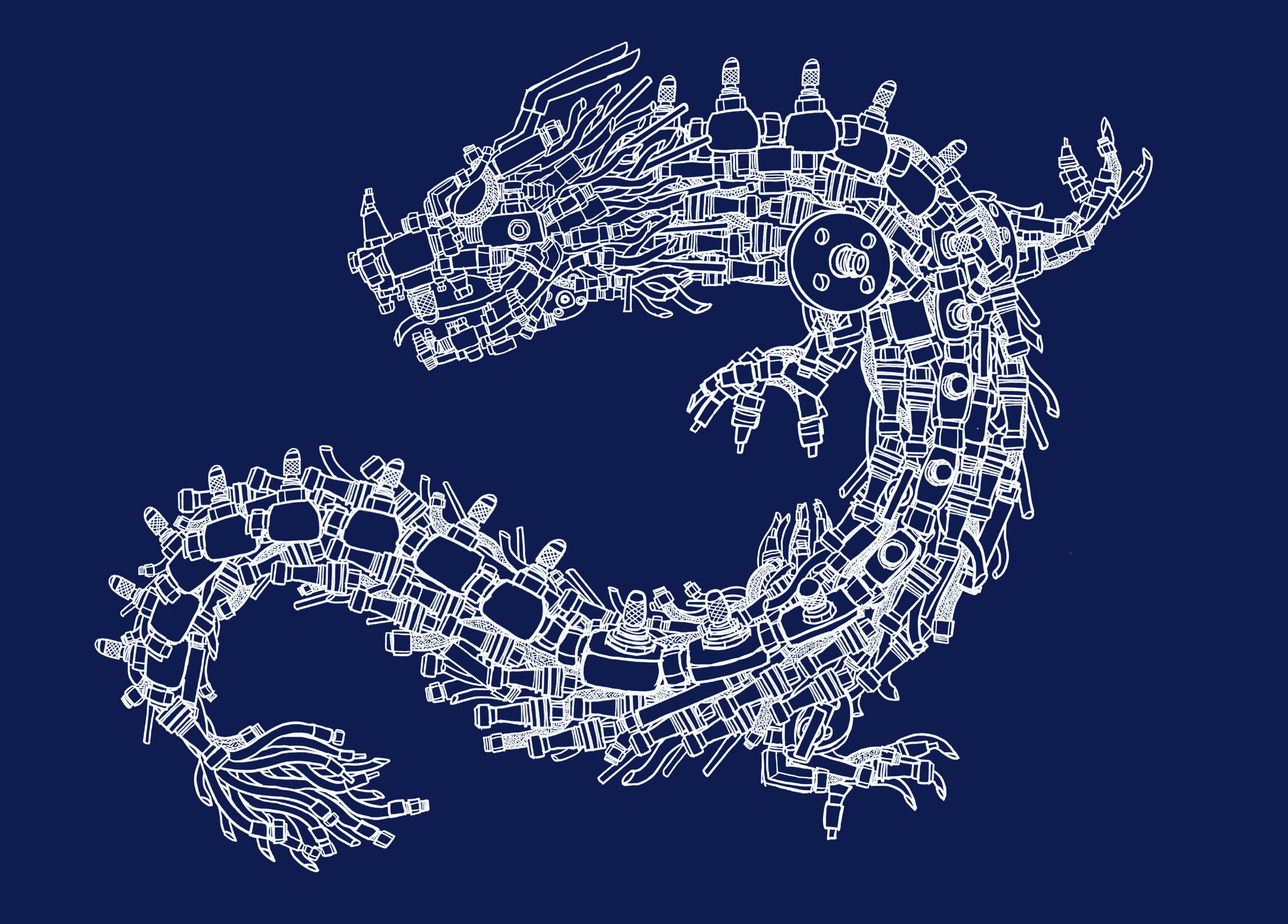 JPE Yean Hern 40th anniversary main visual — a line-art dragon formed by fittings and valves, symbolizing fluid technology and enduring innovation.