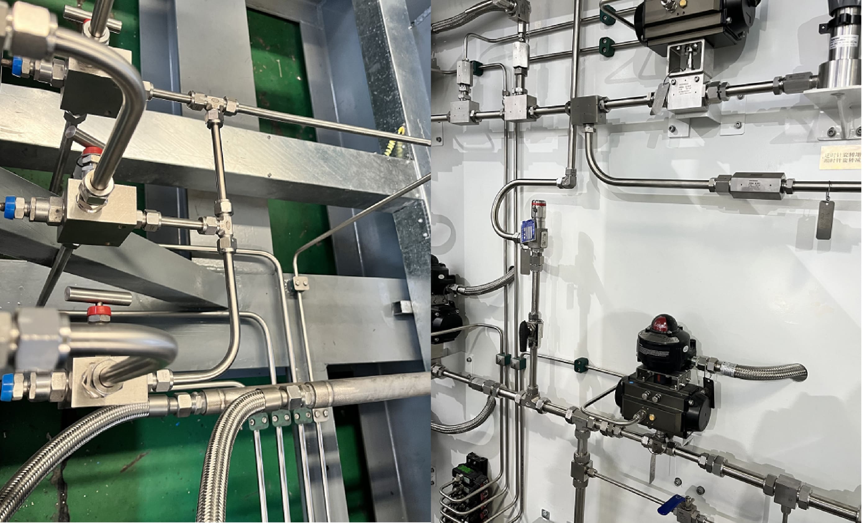 Instrumentation tubing installation example showing stainless steel lines, compression fittings, and valve components