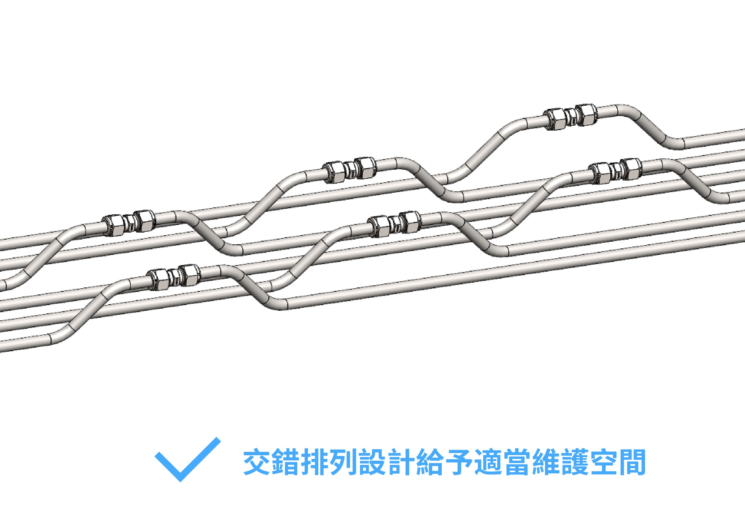 交錯式排管設計示意,提供適當維護空間以提升配管可操作性