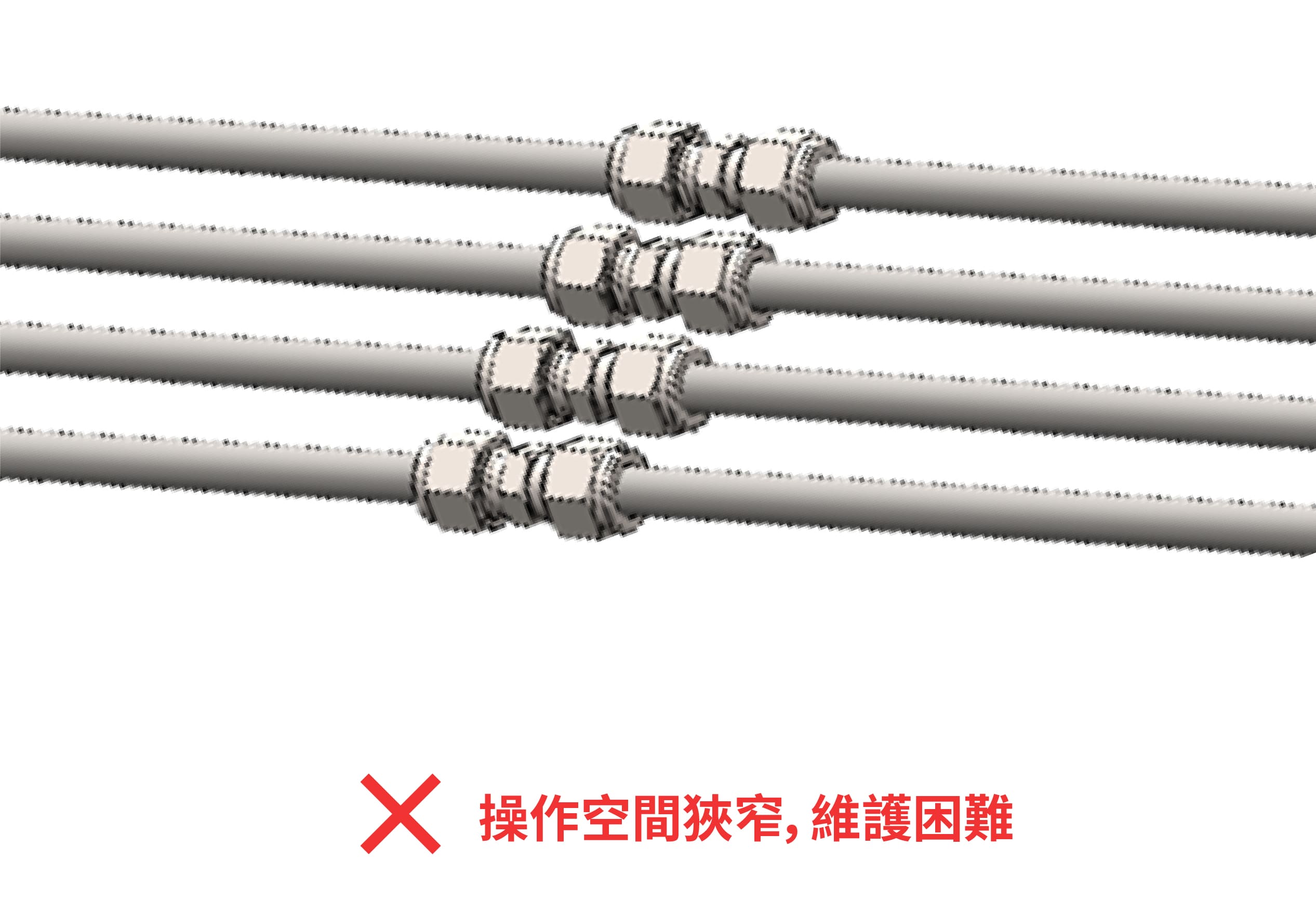 管路过度集中排列的示意,显示操作空间受限且维护不便
