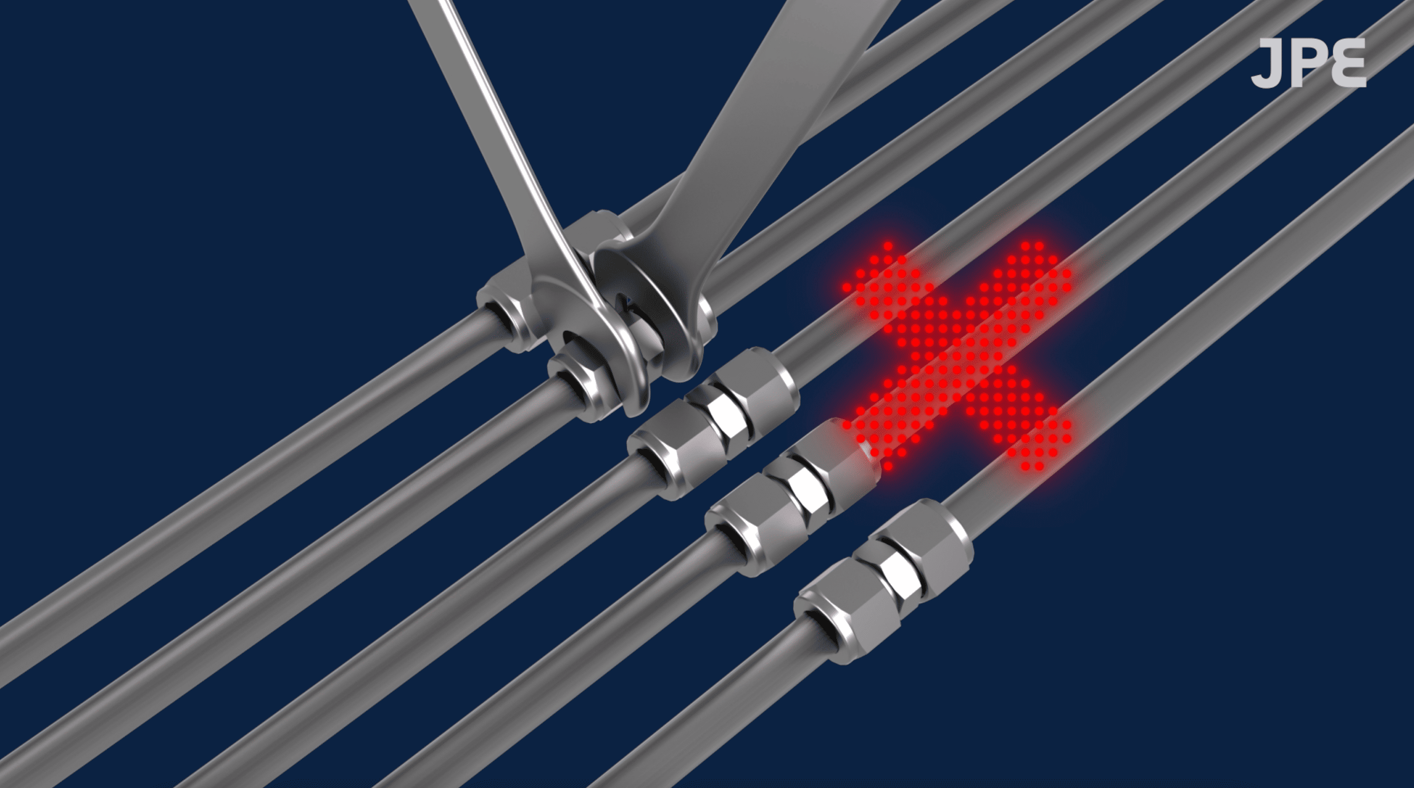 Illustration showing insufficient wrench clearance between parallel tubing lines, causing maintenance difficulty (incorrect installation).