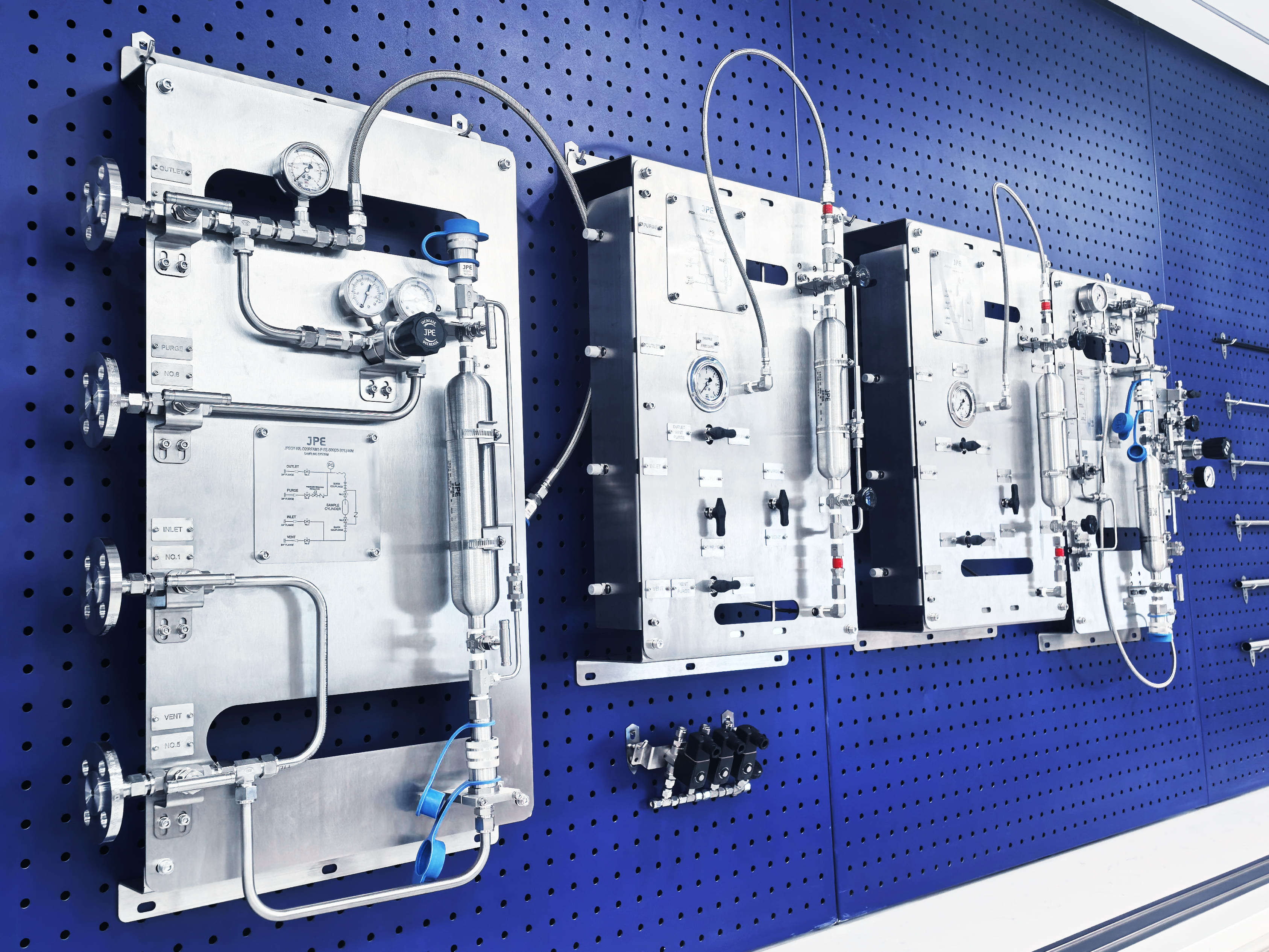JPE stainless steel sampling panels showing full piping design and instrumentation layout